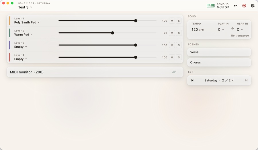 KeyLayers — a song's four layers and scenes, with a Yamaha Motif XF connected
