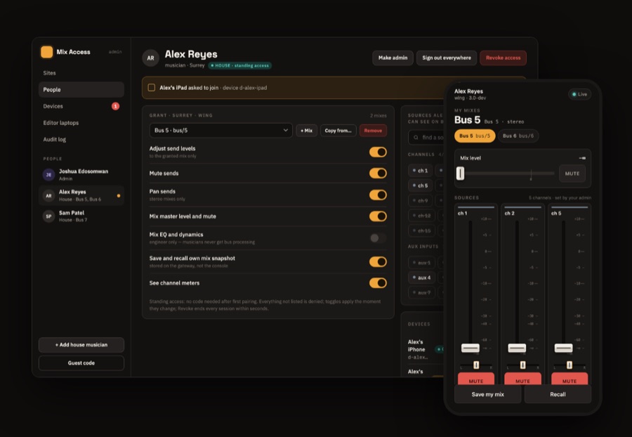 Mix Access — the admin page on a laptop, a musician's mix on a phone