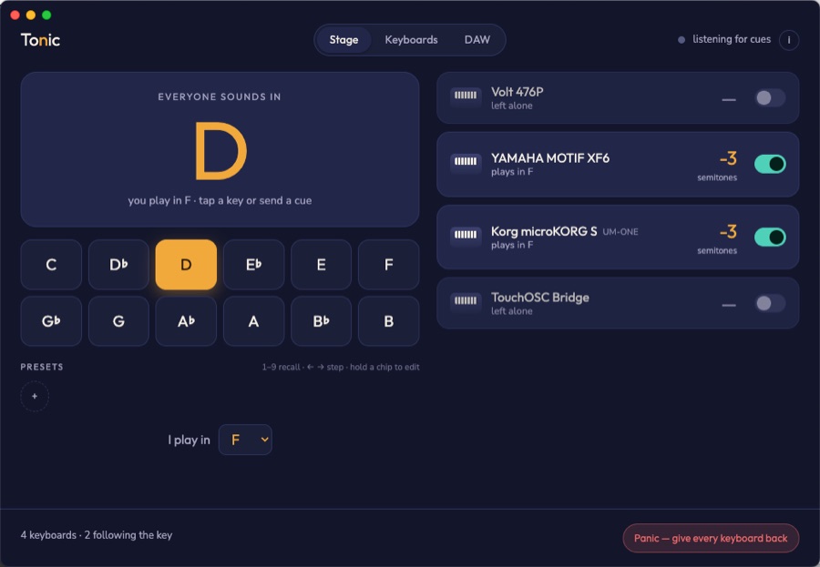 Tonic — every stage keyboard transposed at once